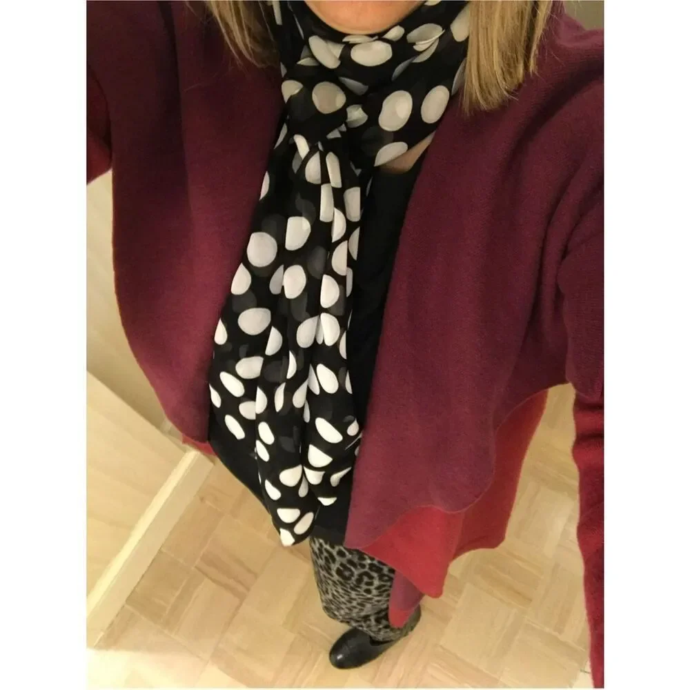 St. John Black & White Polka Dot Scarf. Designer Preppy Classic